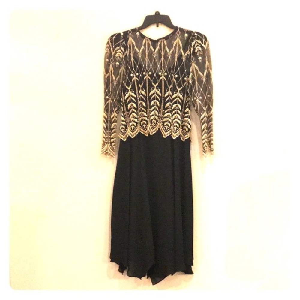 Vintage Cachet Formal Long Sheer Black Gold Dress